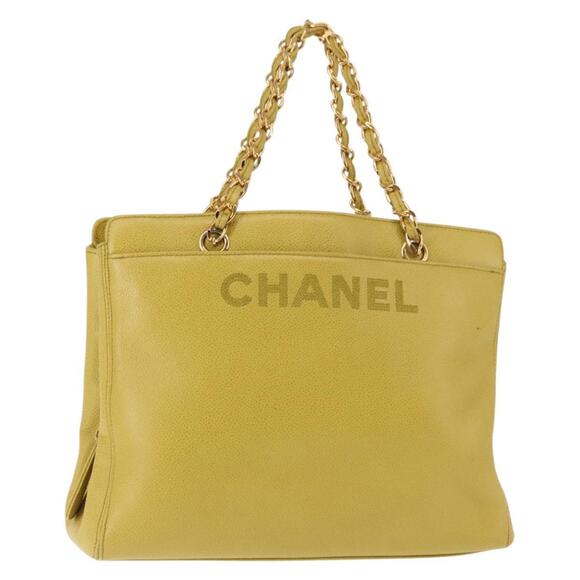 CHANEL Chain Hand Bag Caviar Skin Yellow Gold CC Auth BA6862